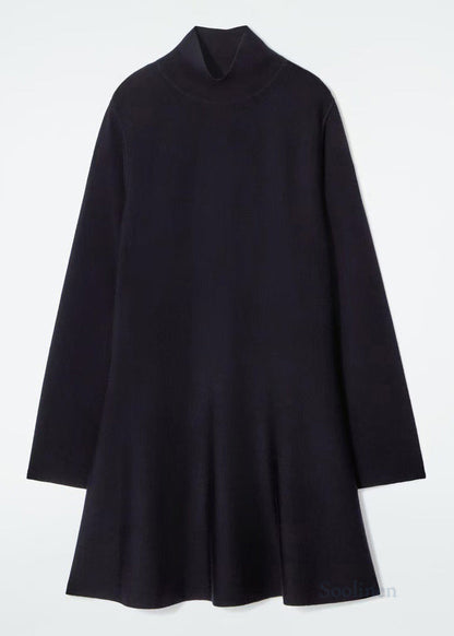Black Stand Collar Knit Day a Line Dress Fall