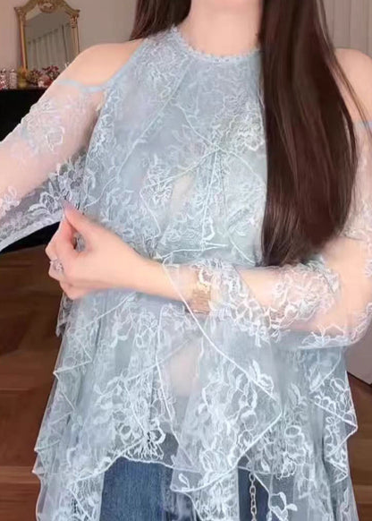 Blue Cold Shoulder Ruffled Lace Shirt Fall