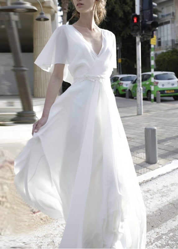 White V Neck Backless Chiffon Ankle Dress Summer