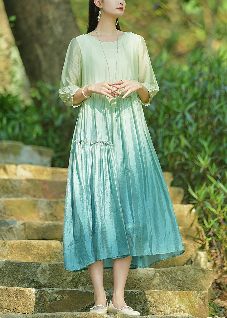 Gradient Color O-neck Ruffled Cotton Long Dresses Bracelet Sleeve Summer