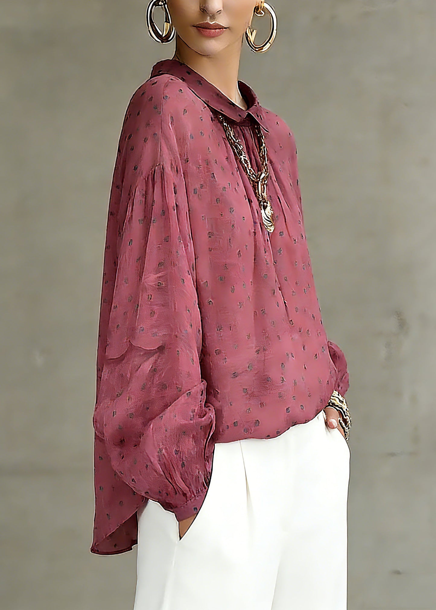 Red Peter Pan Collar Dot Print Top Spring