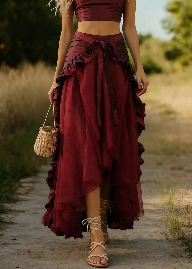 Mulberry Ruffled Patchwork Tulle Skirts Spring