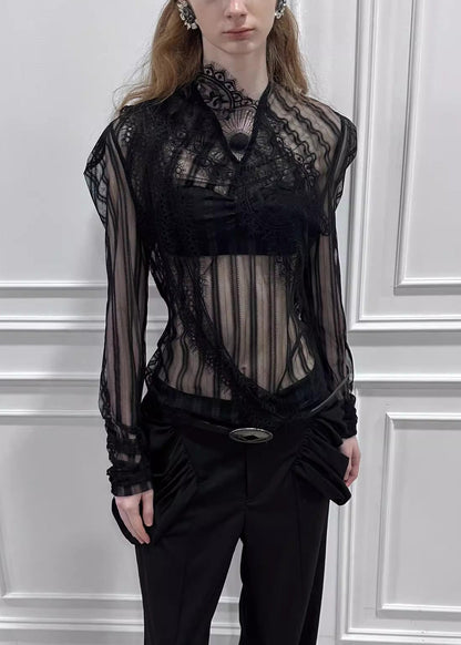 Black Stand Collar Lace Tulle Top Long Sleeve