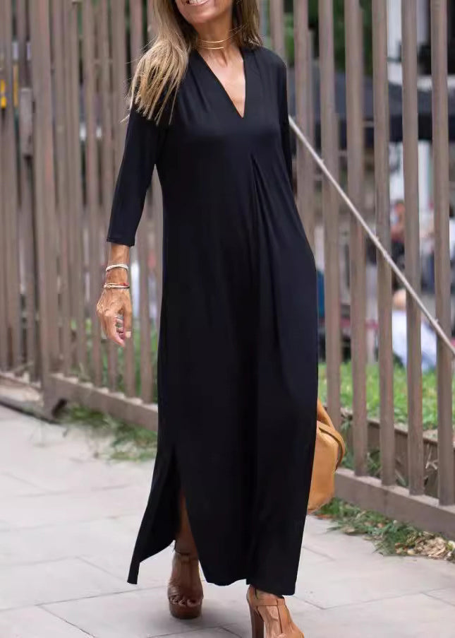 Loose Black V Neck Side Open Cotton Long Dress Bracelet Sleeve Spring