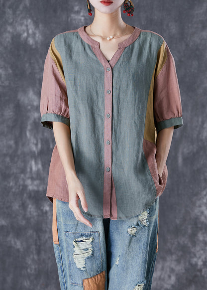 Retro Colorblock V Neck Patchwork Linen Shirt Tops Summer