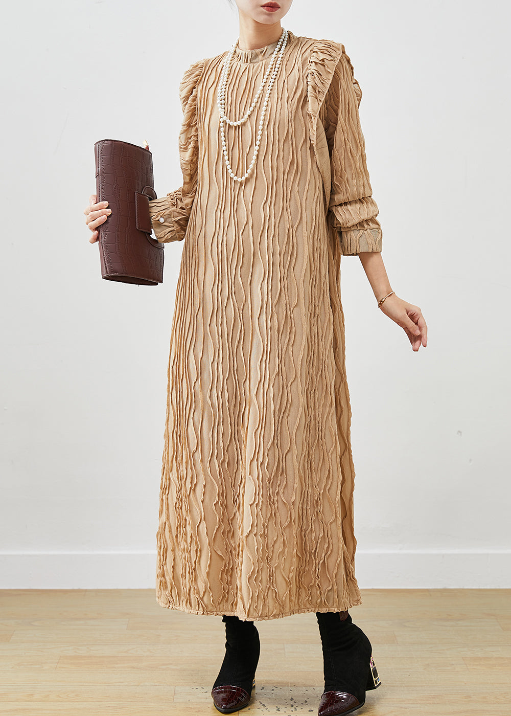 Khaki Ruffled Patchwork Cotton Party Dress Spring