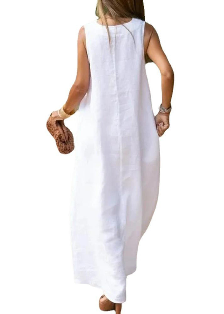 White V Neck Cotton a Line Dress Sleeveless Summer