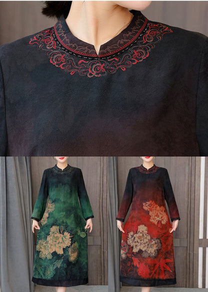 Red Zip Up Print Silk a Line Dresses Fall