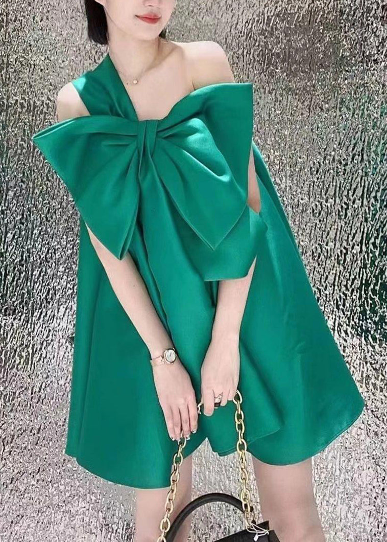 Green One Shoulder Bow Satin Party Dress Summer