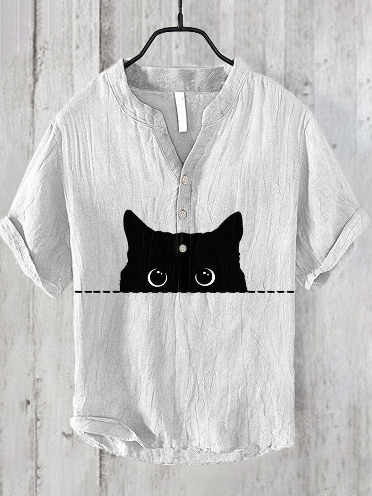 Japanese Art Black Cat Print Cotton Blend Shirt elevenforest