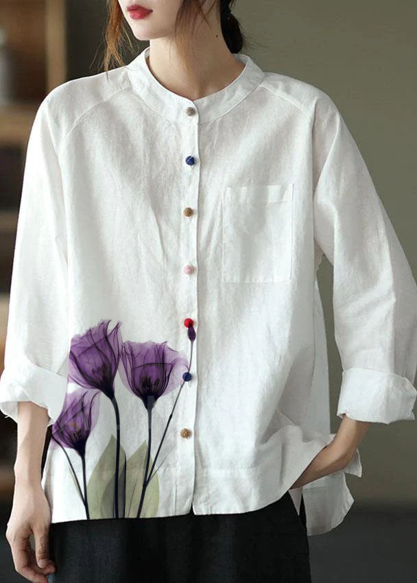 Modern White-purple Flower Loose Patchwork Pockets Spring Long Sleeve Blouse Top