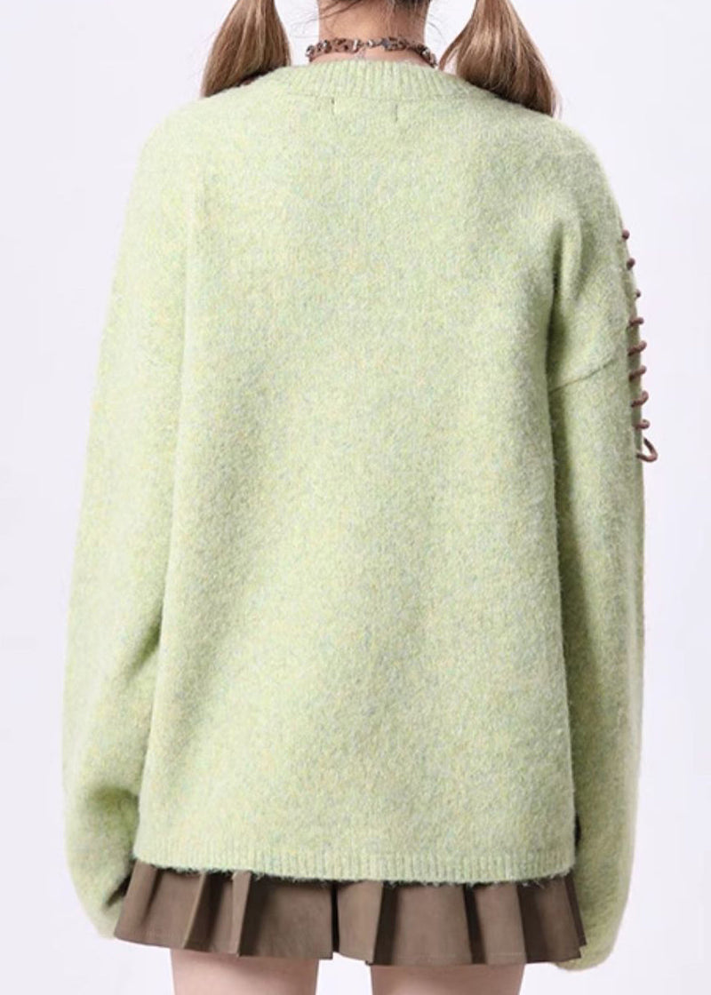 Novelty Green O Neck Lace Up Knit Sweaters Spring