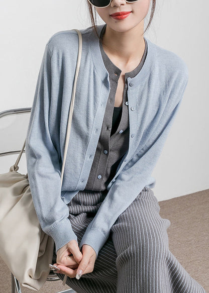 Grey O Neck Button Cotton Knit Coats Long Sleeve