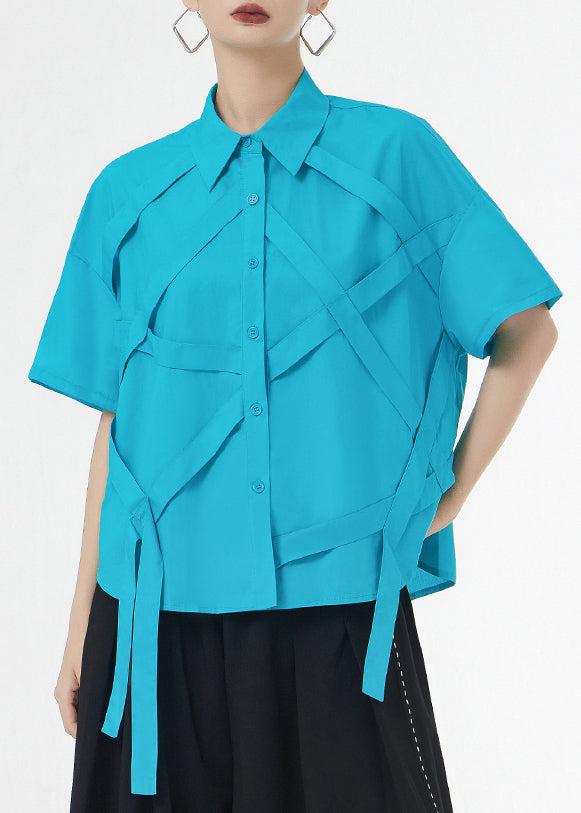 Royal Blue Tasseled Button Patchwork Cotton Shirts Summer
