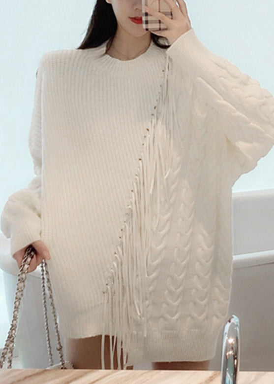 White Asymmetrical Patchwork Thick Cotton Knit Sweaters Spring