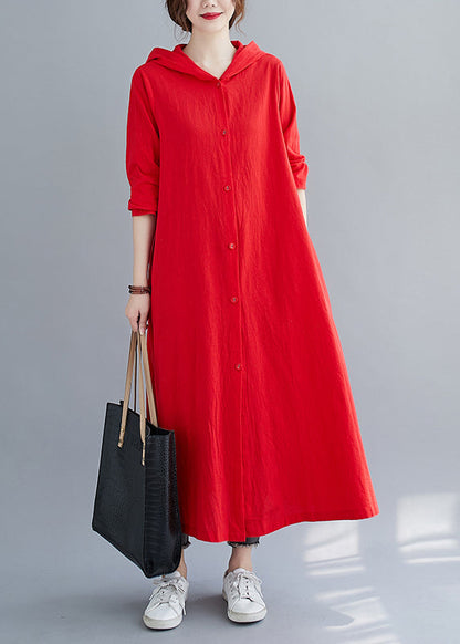 Red Hooded Button Patchwork Cotton Shirts Maxi Dresses Fall