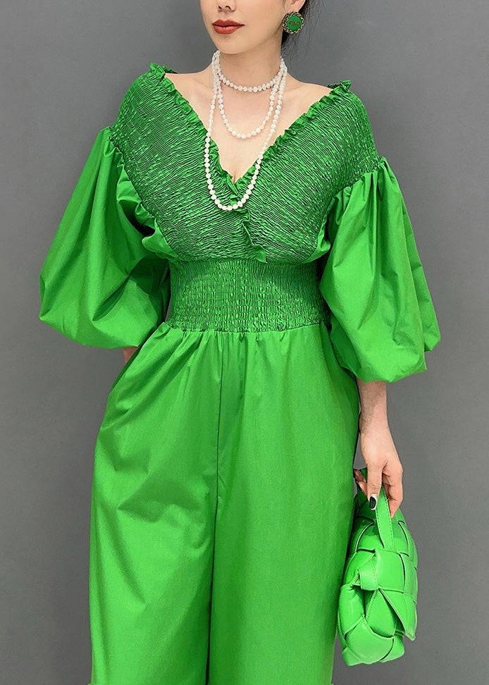 Green V Neck Wrinkled Elastic Waist Jumpsuit Summer