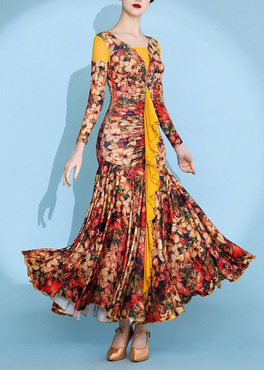 Yellow Wrinkled Print Patchwork Cotton Long Dress Spring