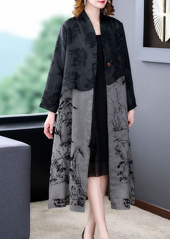 Black Tasseled Patchwork Print Silk Trench Coat Spring