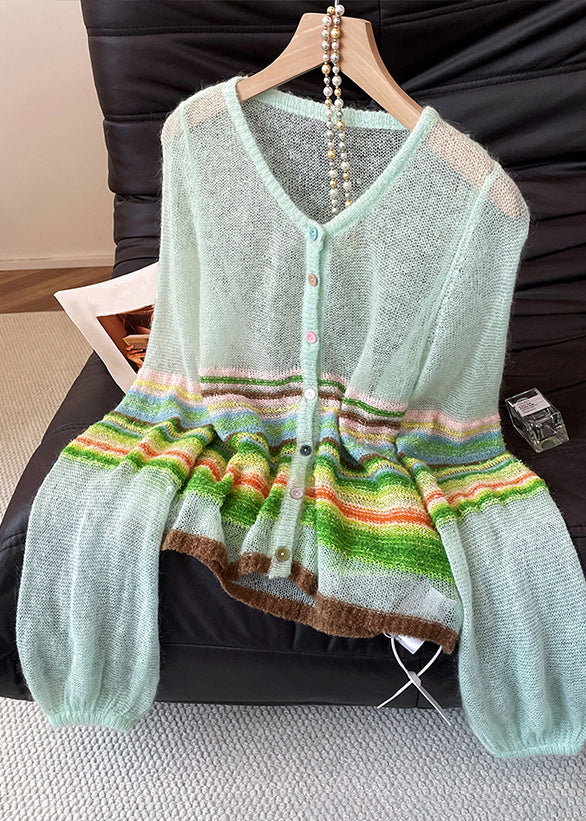 Blue O Neck Striped Patchwork Thin Knit Cardigans Fall