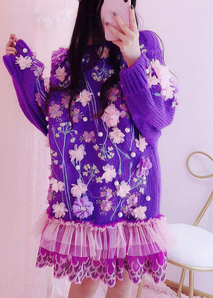 Handmade Purple O-neck Embroideried Tulle Patchwork Knit Mid Dresses Fall