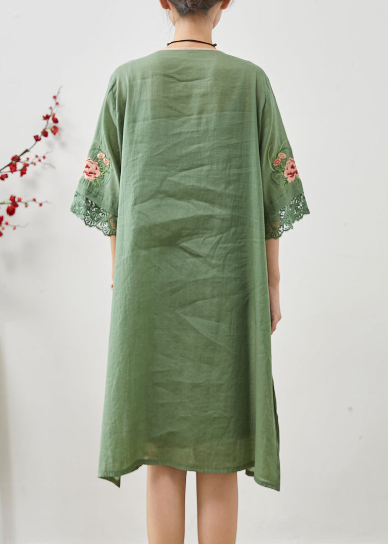 Green Tasseled Embroidered Linen Dresses Summer