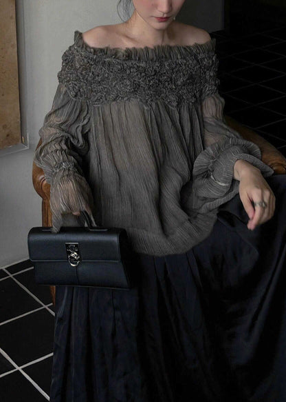 French Slash Neck Ruffled Patchwork Silk Cotton Top Spring