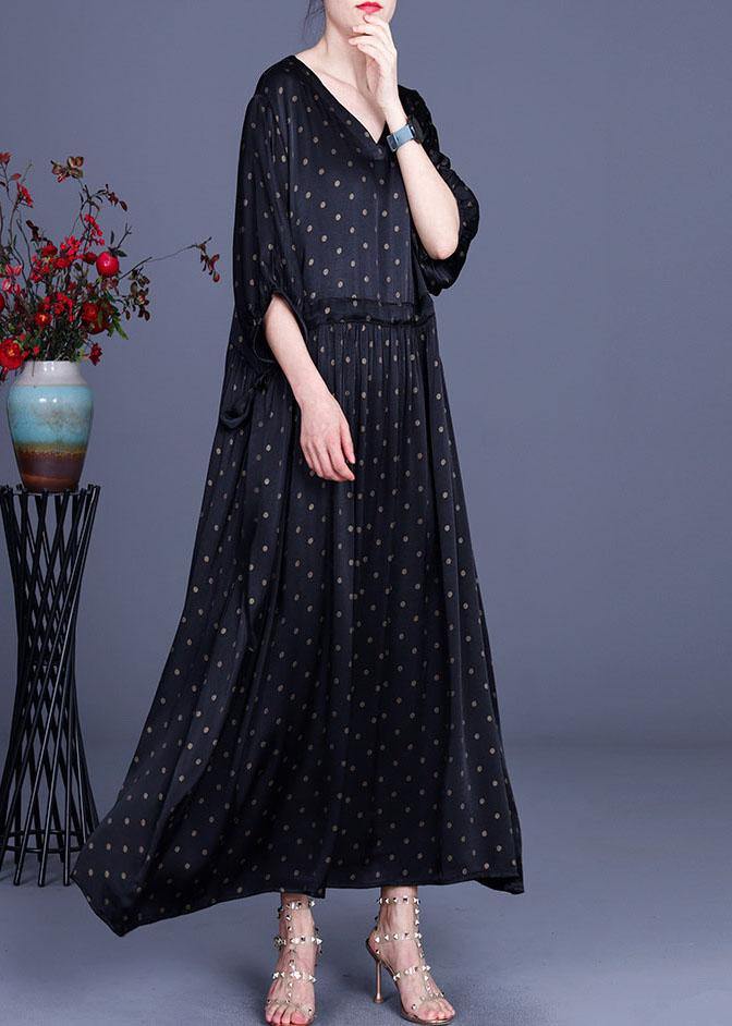 Loose Green Print Tie Waist Summer O-neck Long Dress