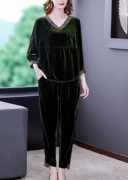 Simple Green Patchwork Silk Velour Pullover and Harem Pants Two Piece Set Fall