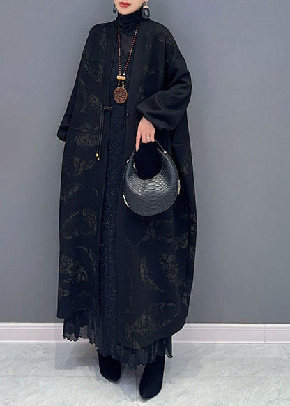 Black V Neck Print Button Maxi Coat Fall
