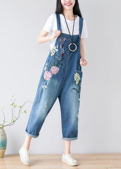 Blue Embroideried Cotton Denim Jumpsuits Spring