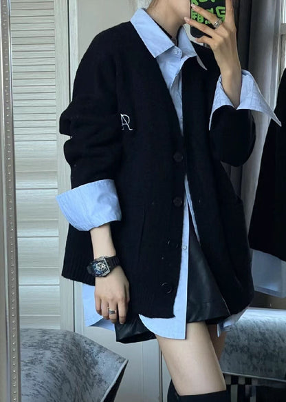 Simple Black V Neck Knit Cardigans and Blue Shirts Two Piece Set Fall
