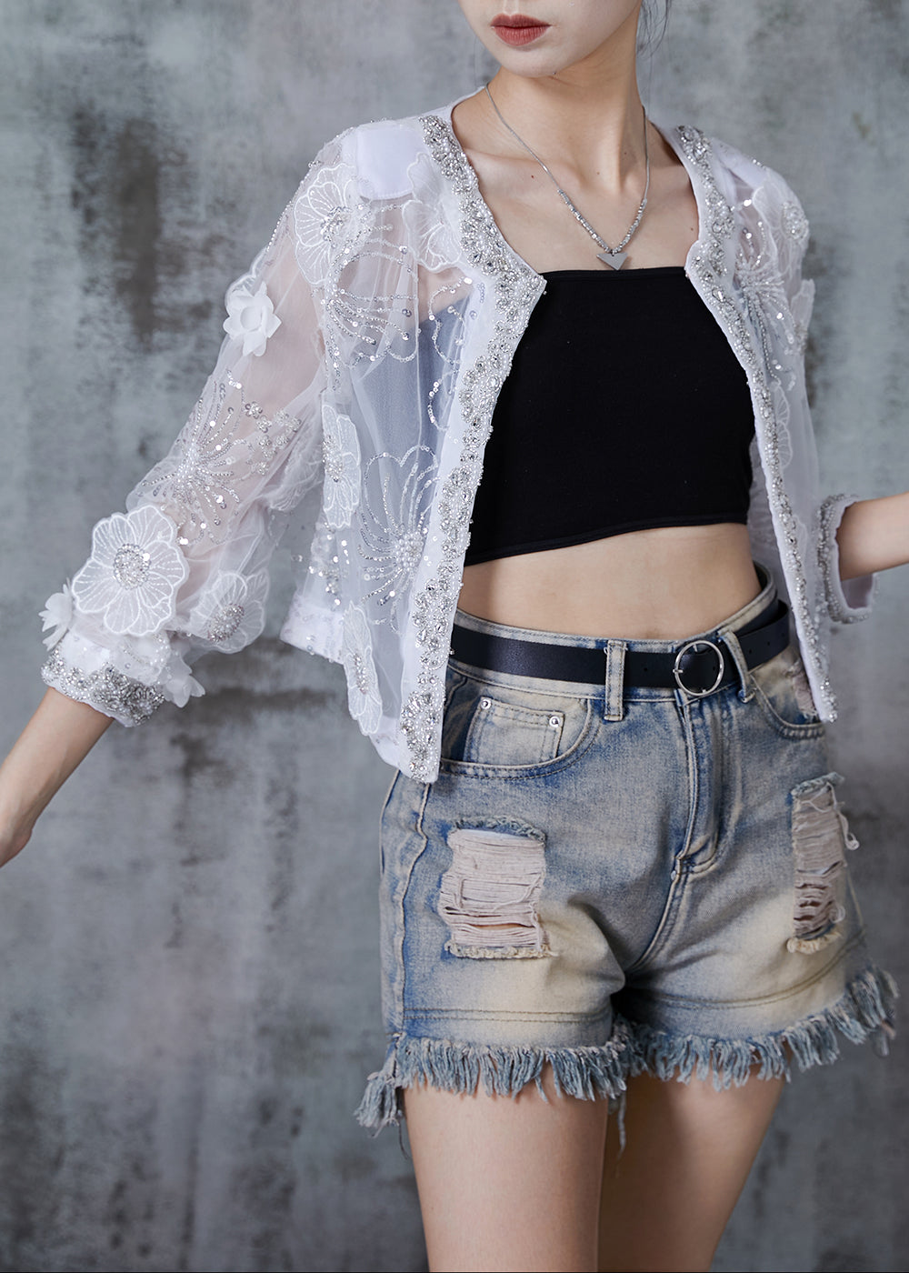 Handmade White Sequins Organza Upf 50+ Cardigan Summer