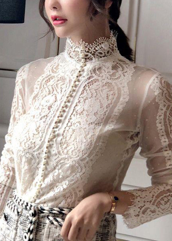 Black Hign Neck Bead Button Cotton Lace Top Fall