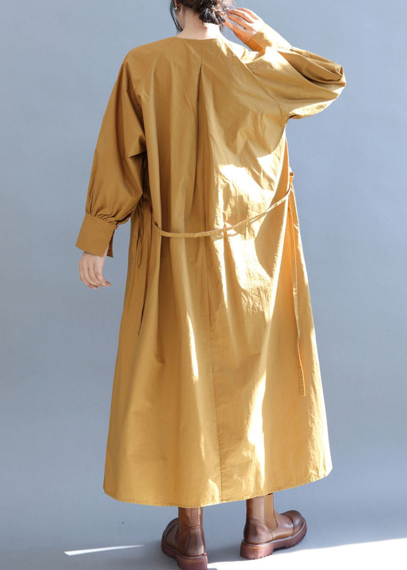 Yellow V Neck Cinched Cotton Long Dress Fall