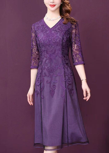 Purple V Neck Lace Patchwork Tulle Dresses Half Sleeve Spring