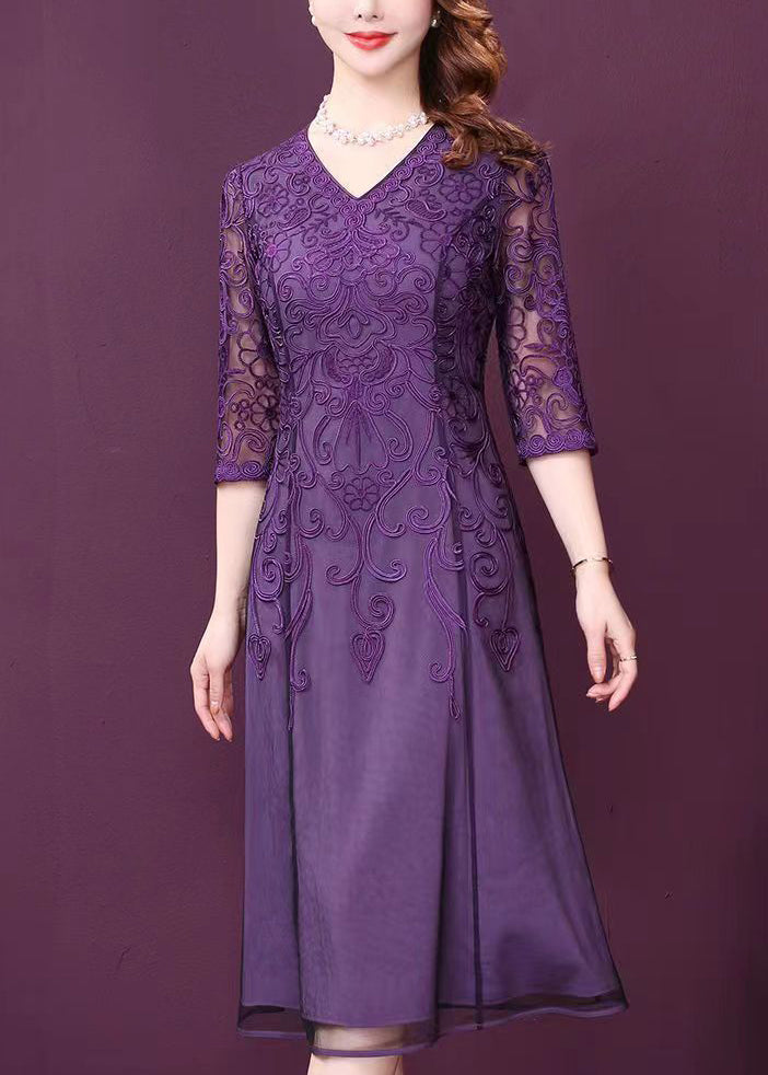 Purple V Neck Lace Patchwork Tulle Dresses Half Sleeve Spring