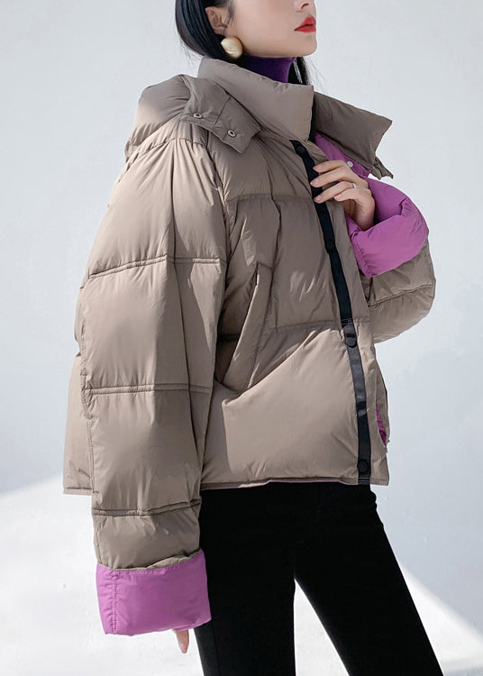 Stylish Grey Hooded Pockets Wear on Both Sides Duck Down Short Coat Winter