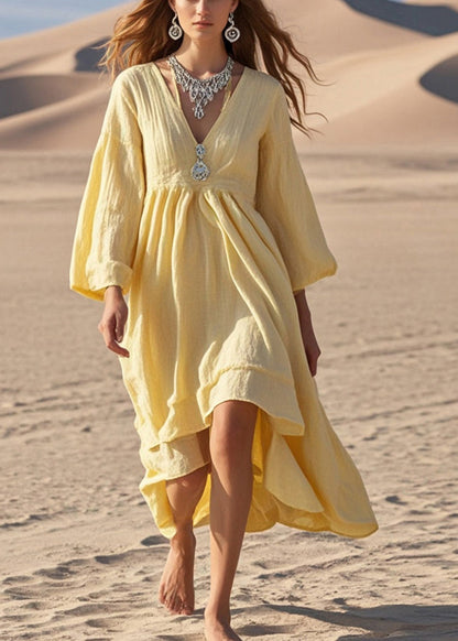 Yellow Exra Large Hem Cotton Holiday Dress Fall