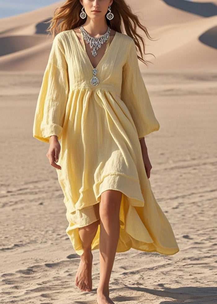 Yellow Exra Large Hem Cotton Holiday Dress Fall