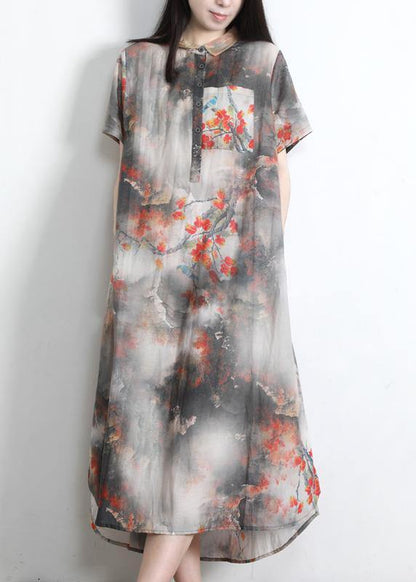 Diy Grey Print Silk Pockets Summer Vacation Dresses