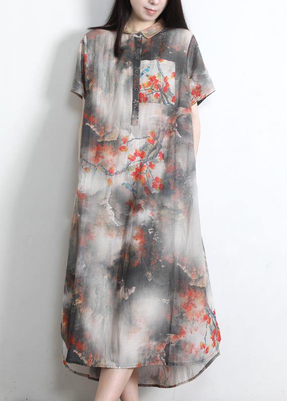 Diy Grey Print Silk Pockets Summer Vacation Dresses