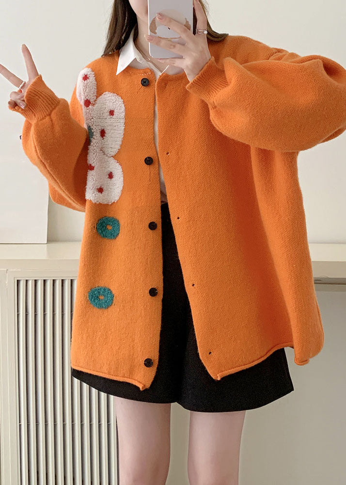 Orange O-neck Sun Cotton Knit Sweaters Coats Long Sleeve