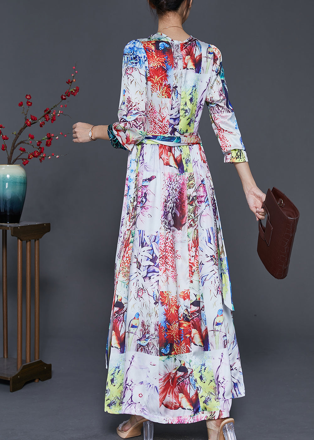 Boutique White Cinched Print Silk Holiday Dress Spring