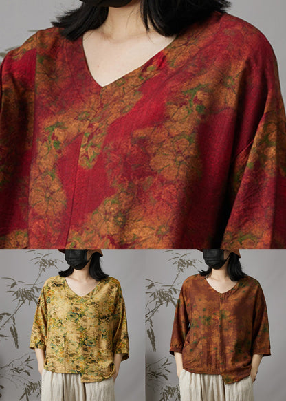 Wine Red V Neck Print Patchwork Cotton Top Summer