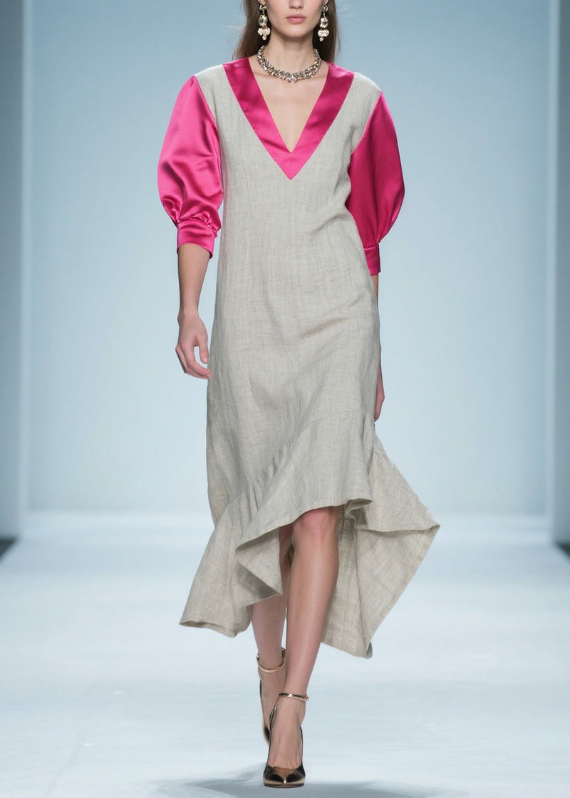 Colorblock Ruffled Patchwork Linen Silk Long Dress Summer