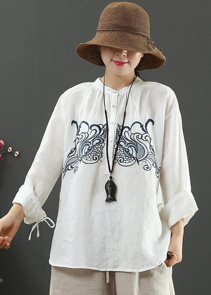 Art White Embroidery Tops Stand Collar Daily Spring Top