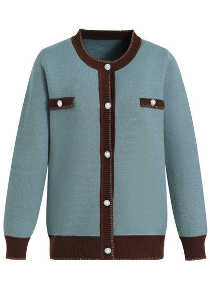 Stylish Orange O-neck Patchwork Pearl Button Knit Jackets Long Sleeve