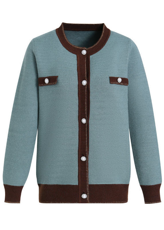 Stylish Orange O-neck Patchwork Pearl Button Knit Jackets Long Sleeve
