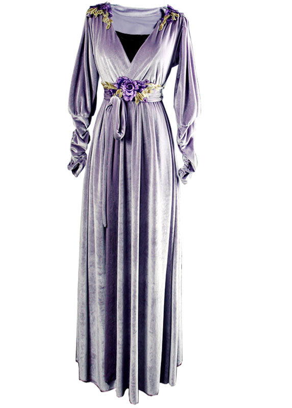 Purple V Neck Applique Tie Waist Silk Velour Maxi Dresses Spring